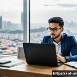 Home 19 핵심 스킬 우선순위화와 시간 투자 - A professional workspace scene showing a focused young Brazilian man in casual business attire, sitt...