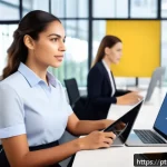 Home 23 스킬 우선순위화에 도움이 되는 책 추천 - A professional Brazilian office setting with a focused young adult woman confidently presenting a pr...